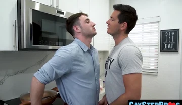 Gay stepbrothers' raw kitchen bang is a passionate, bareback affair
