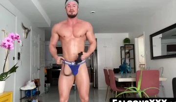 Muscle jock Skyy Knox riding a big fat dildo in a hot solo toy play
