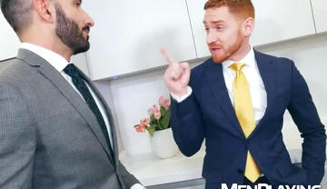 Suited Johnny Viper mutually barebacks with ginger stud Leander