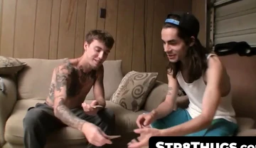 Straight buddies Devin and Blinx's post-strip poker jerk off and cum fest